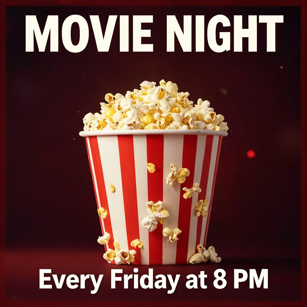 A movie night poster with a large popcorn image in the cente