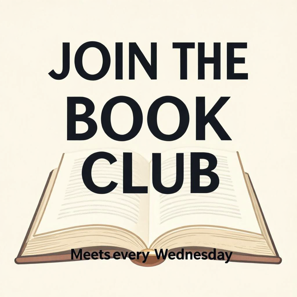 A book club poster with an open book illustration, the title