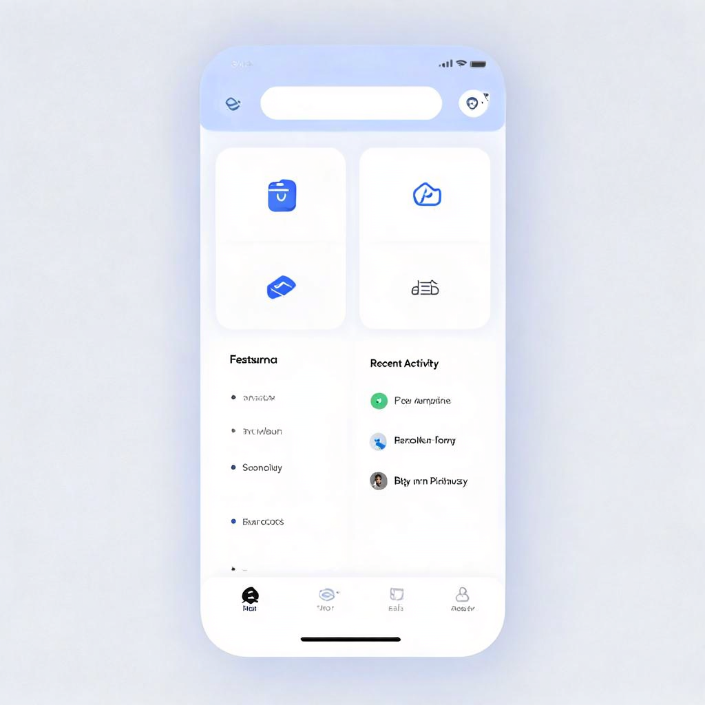 A mobile app UI mockup showing a dashboard with a top naviga