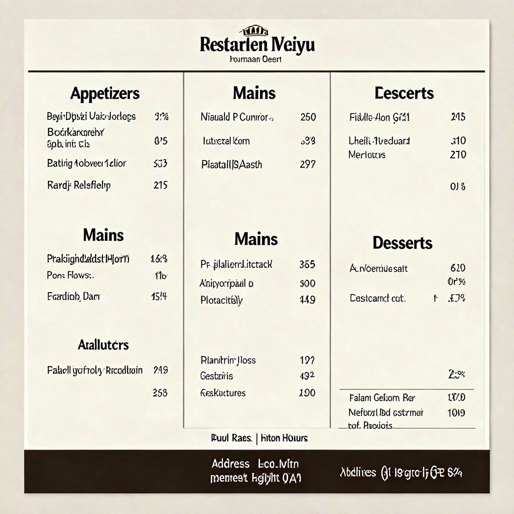 A restaurant menu layout with a logo header, three category 
