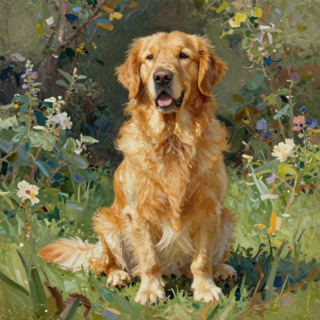 A golden retriever sitting in a garden, painted in the style