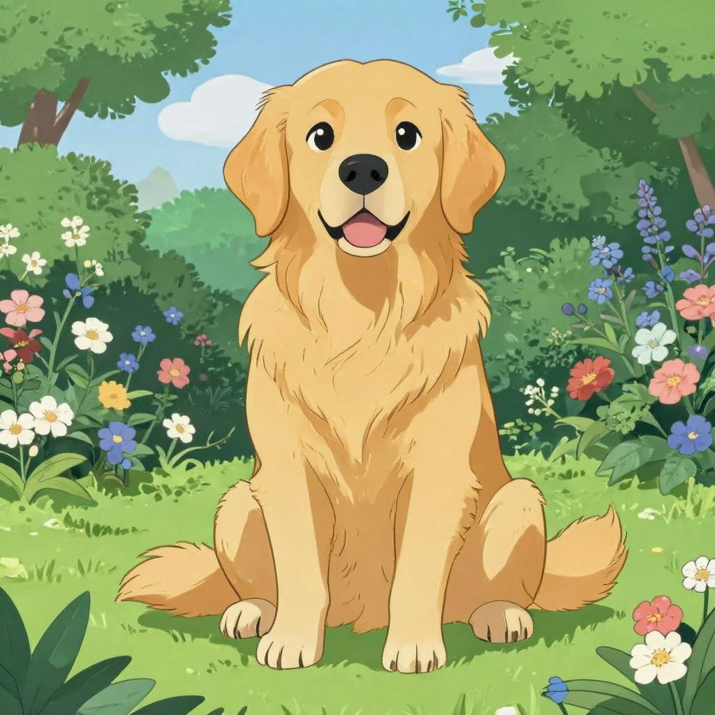 A golden retriever sitting in a garden, rendered in Japanese
