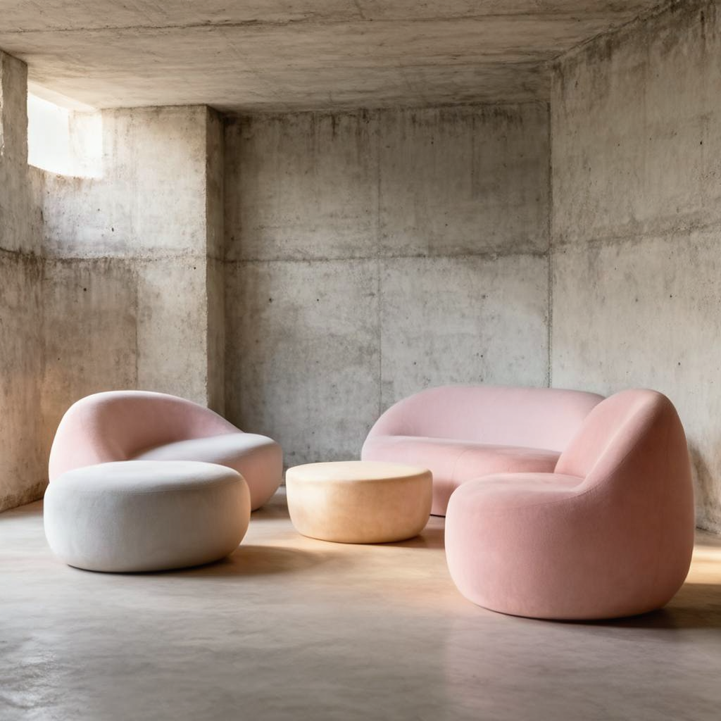 An interior scene rendered in soft brutalism — raw concrete 