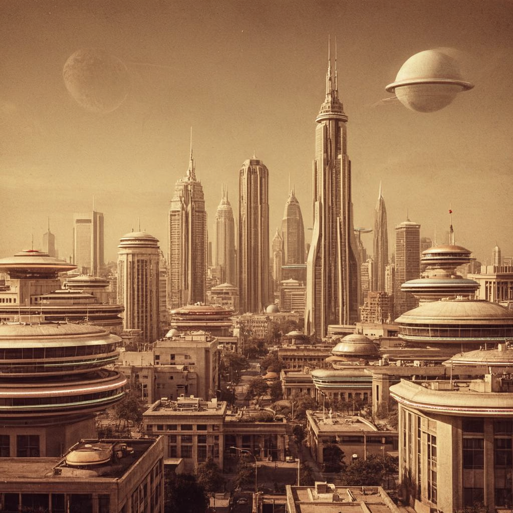 A cityscape rendered in nostalgic futurism — retro-futuristi