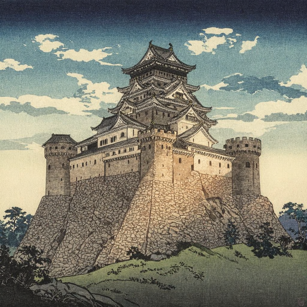 A medieval castle depicted in Japanese ukiyo-e woodblock pri