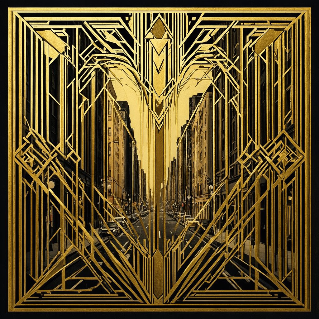 A city street scene in the style of Art Deco — geometric sha