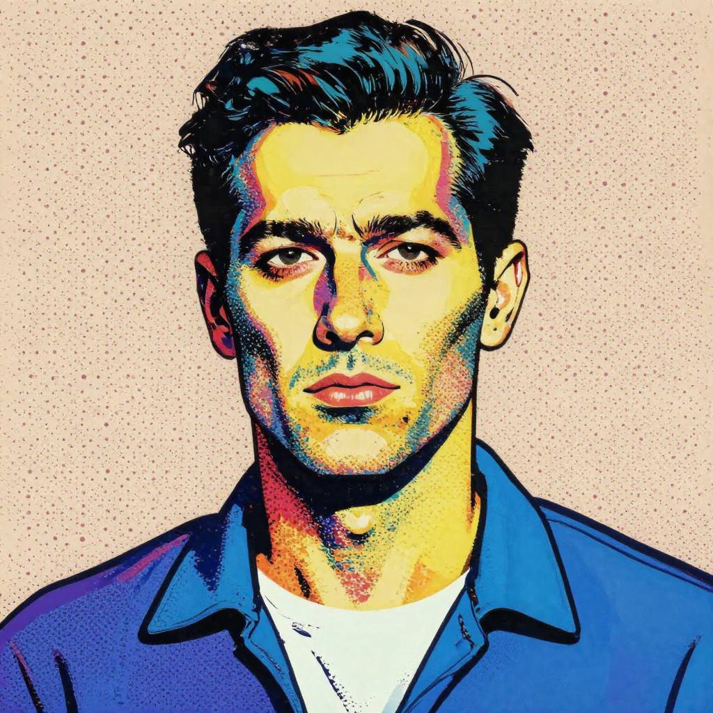 A portrait of a man in Pop Art style — bold outlines, Ben-Da