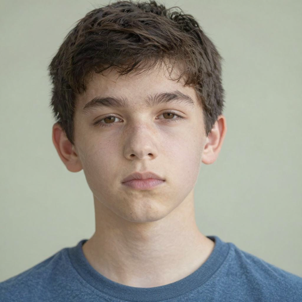 A headshot of a teenager with a relaxed, neutral face