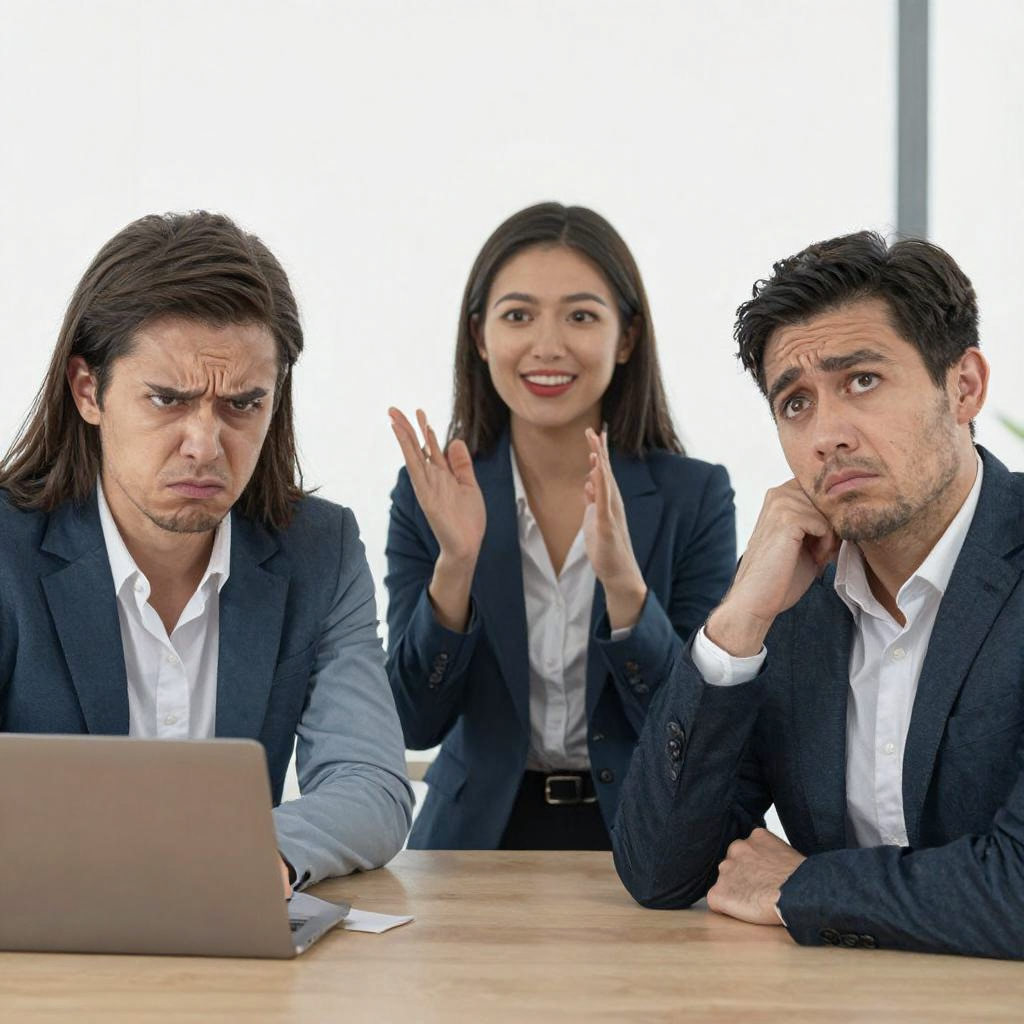 Three coworkers in a meeting: one looking frustrated with fu