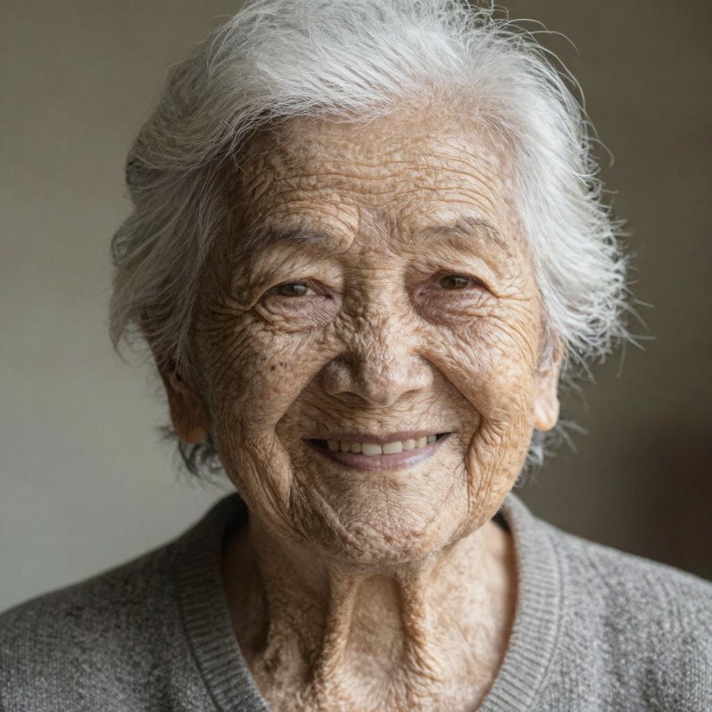 An elderly woman in her 80s with deep wrinkles and white hai