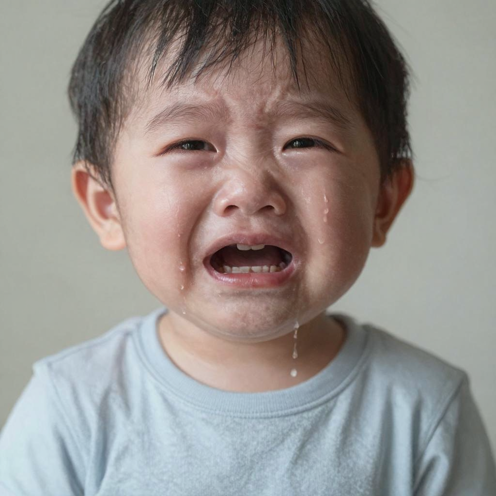 A 5-year-old child with round cheeks and large eyes, crying 