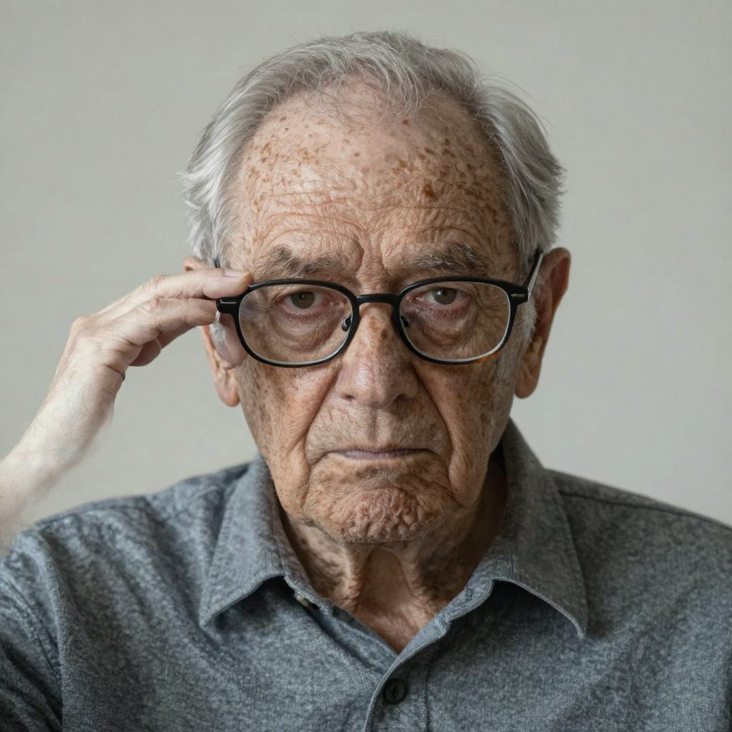 An elderly man in his 70s with age spots and thinning gray h