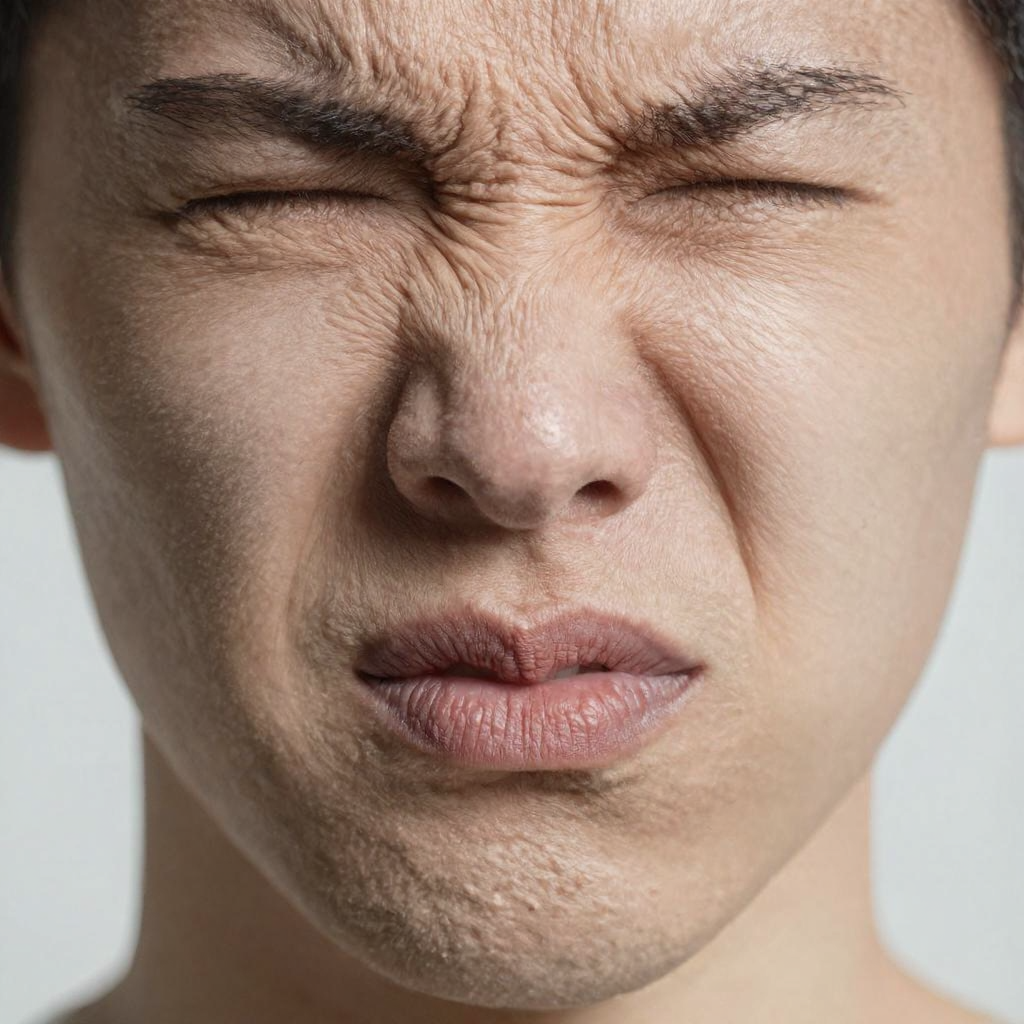A close-up of a person's face showing clear disgust, nose wr