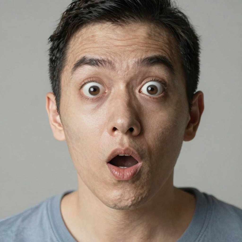 A portrait capturing genuine surprise — raised eyebrows, wid