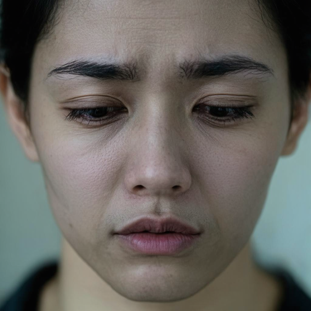 A face showing quiet melancholy — downcast eyes, slightly dr