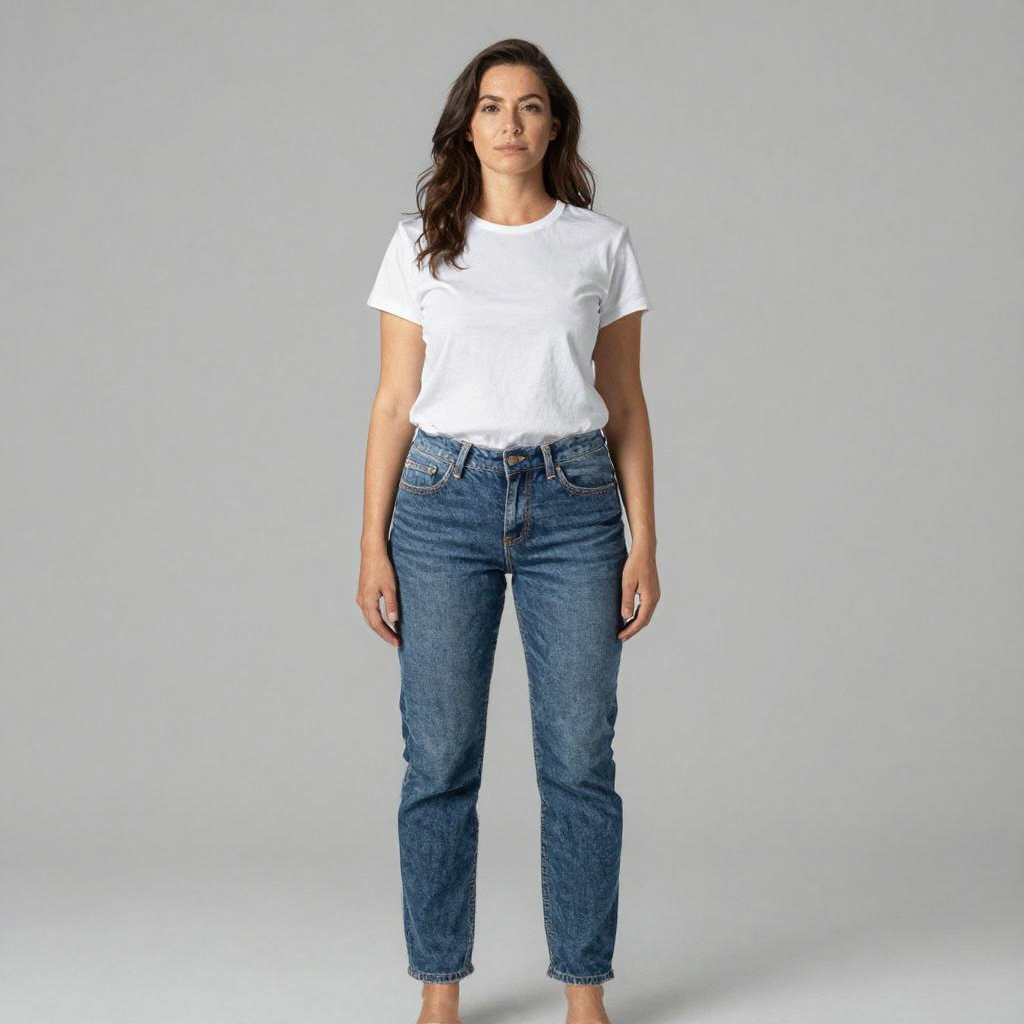 A woman standing upright in a relaxed pose, arms at her side