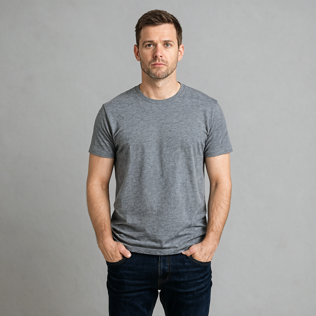 A man standing straight facing the camera, hands in pockets,