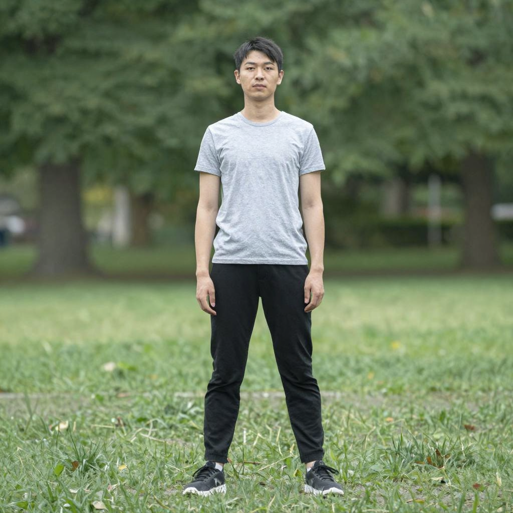 A person standing in a neutral pose in a park, full body vis