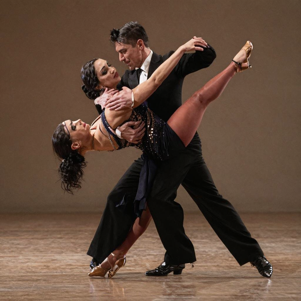 Two tango dancers in a close embrace, the man dipping the wo