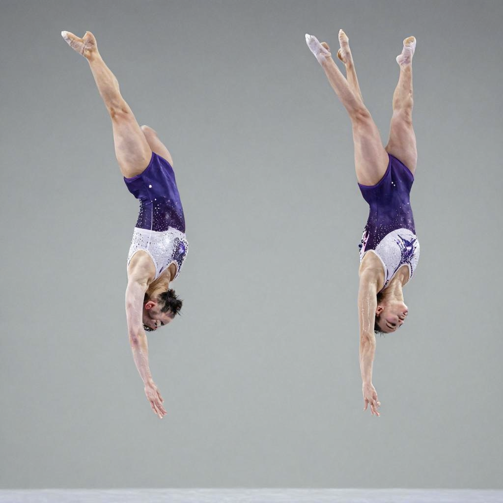 Two gymnasts performing a synchronized handstand, side by si