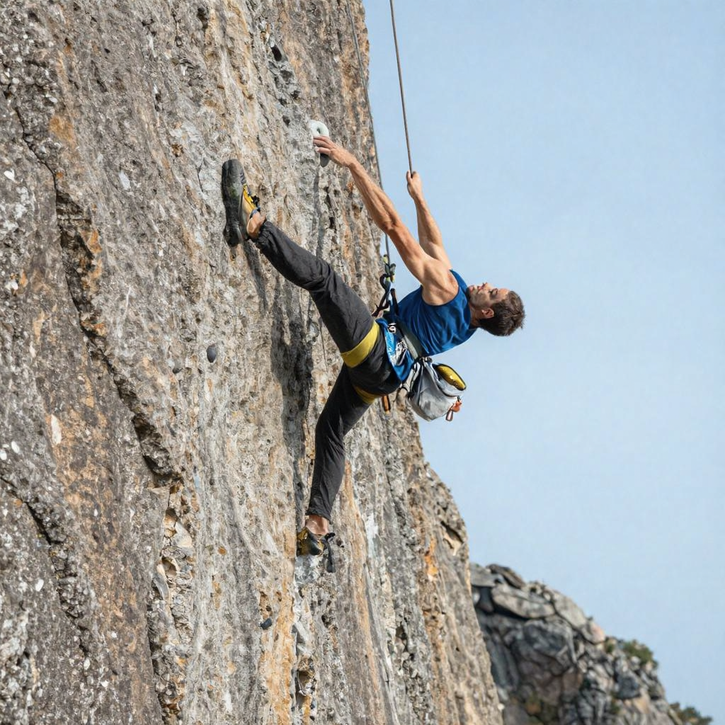 A rock climber clinging to a cliff face with arms and legs e