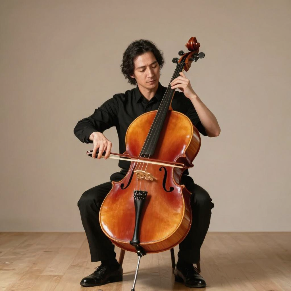 A cellist seated with correct posture, legs around the instr