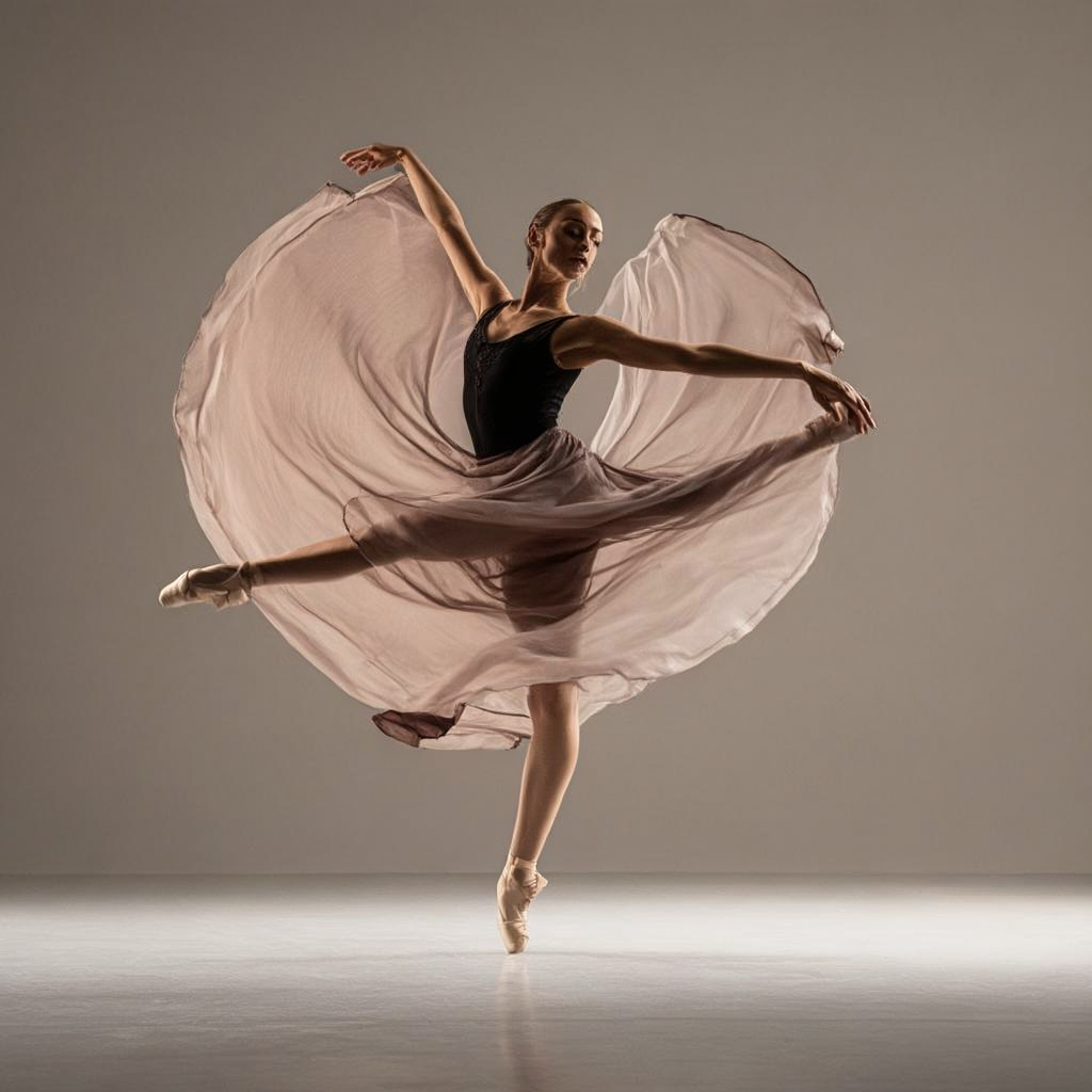 A dancer in a dynamic spin, dress flowing outward with one l