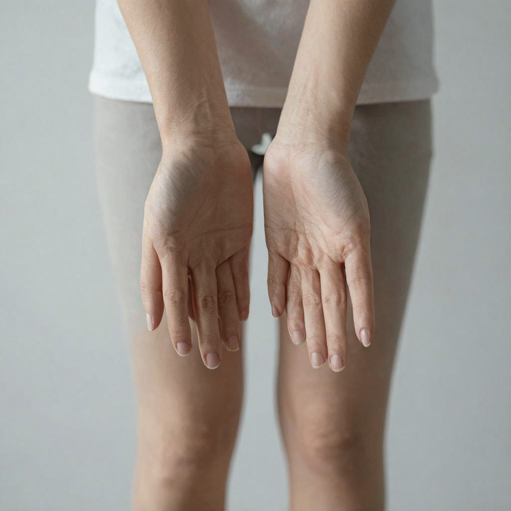 A person standing with both hands visible at their sides, fi