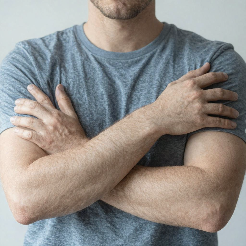 A man with arms crossed, both hands resting on opposite uppe