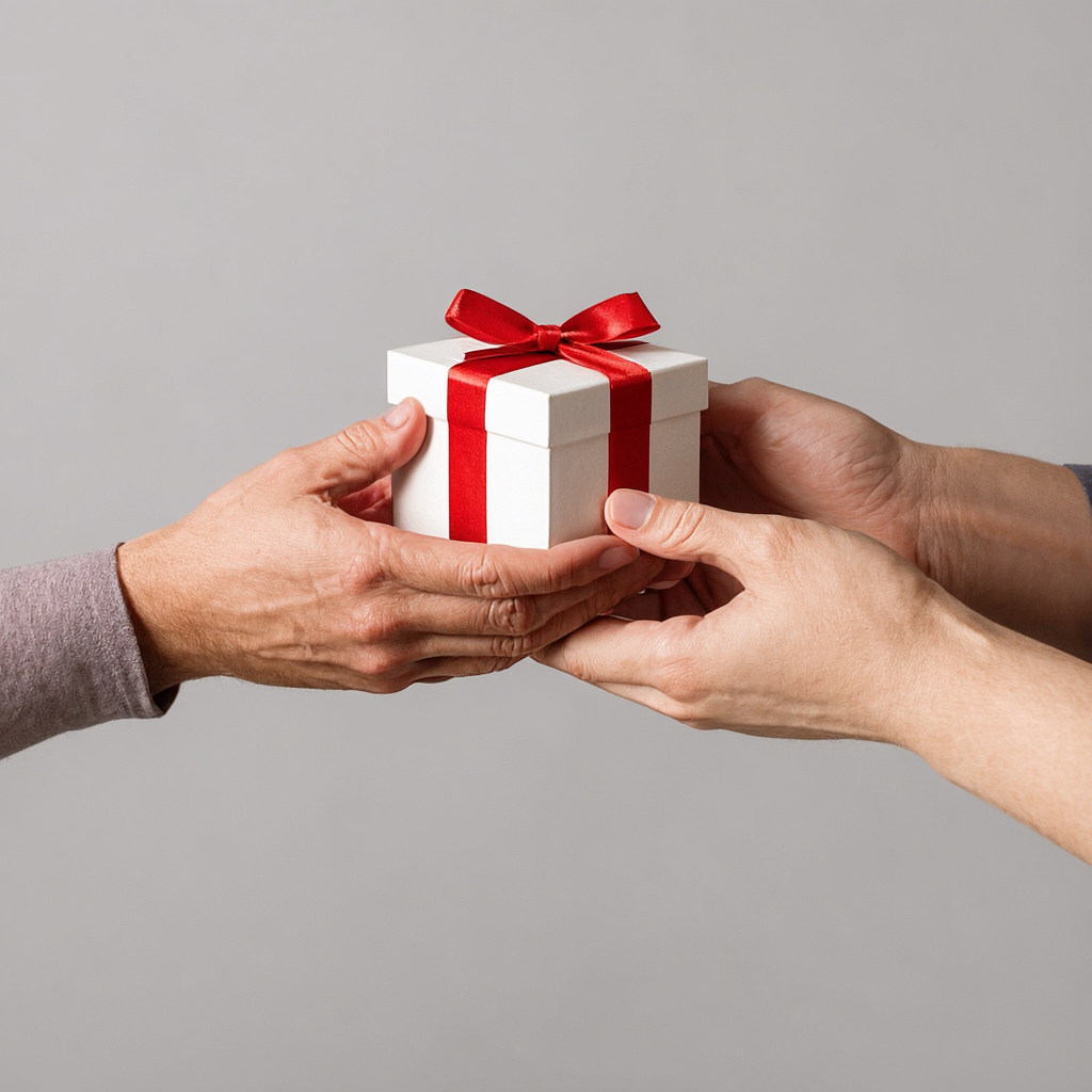 One person handing a small gift box to another person, both 