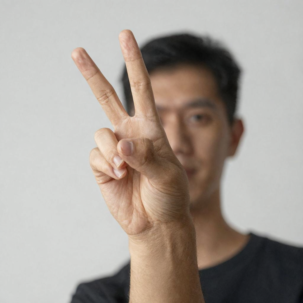 A person making a peace sign with their right hand, clearly 