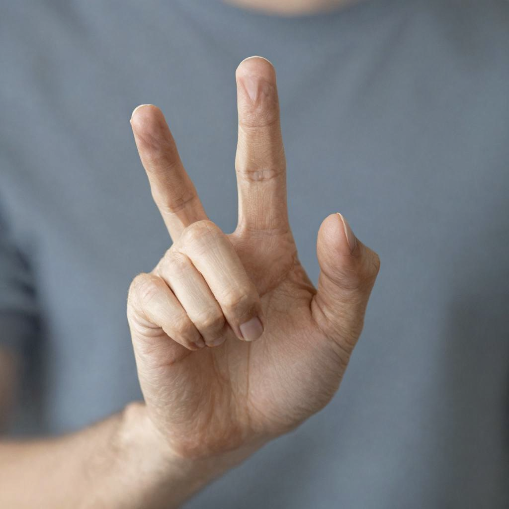 A person counting to three on their fingers, with index, mid