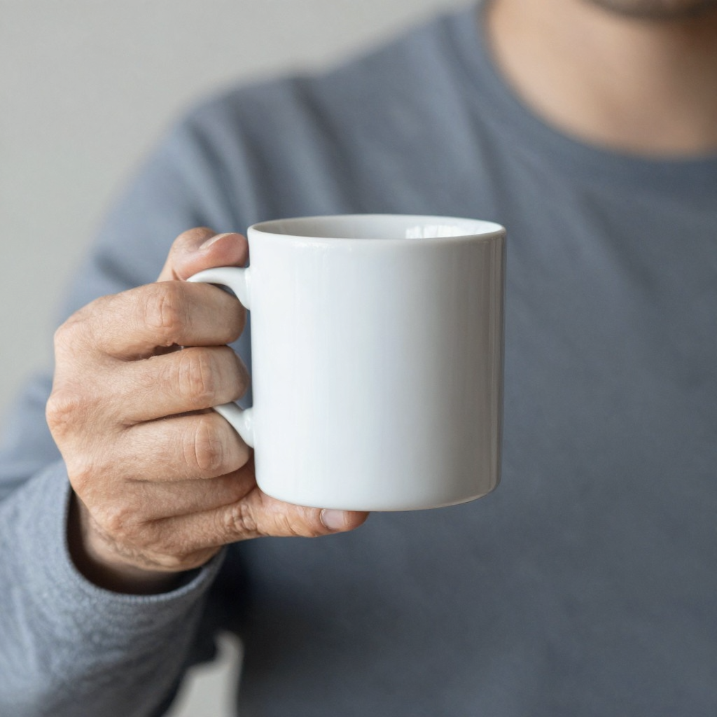 A person holding a white ceramic coffee mug by the handle wi