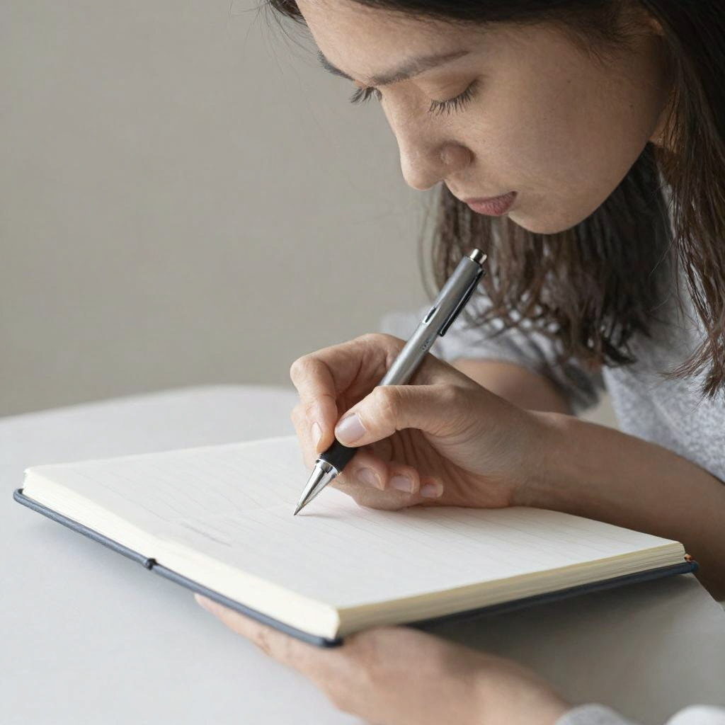 A woman writing in a notebook with a pen gripped correctly i