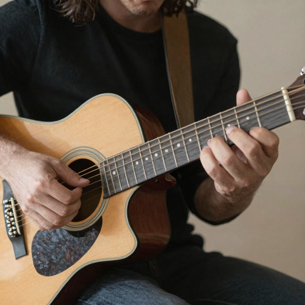 A person playing an acoustic guitar with left hand on the fr