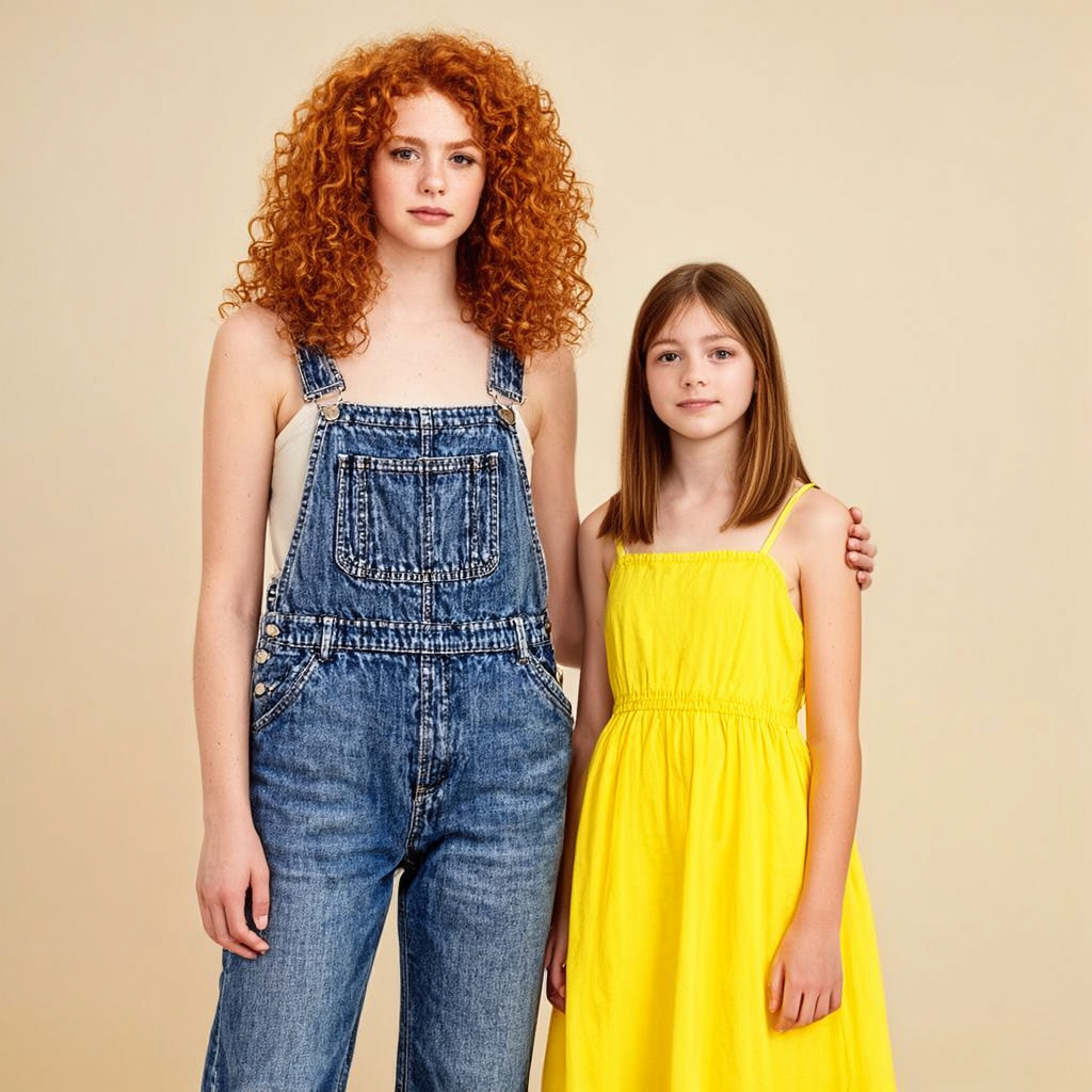Two friends posing: one tall with curly red hair in denim ov