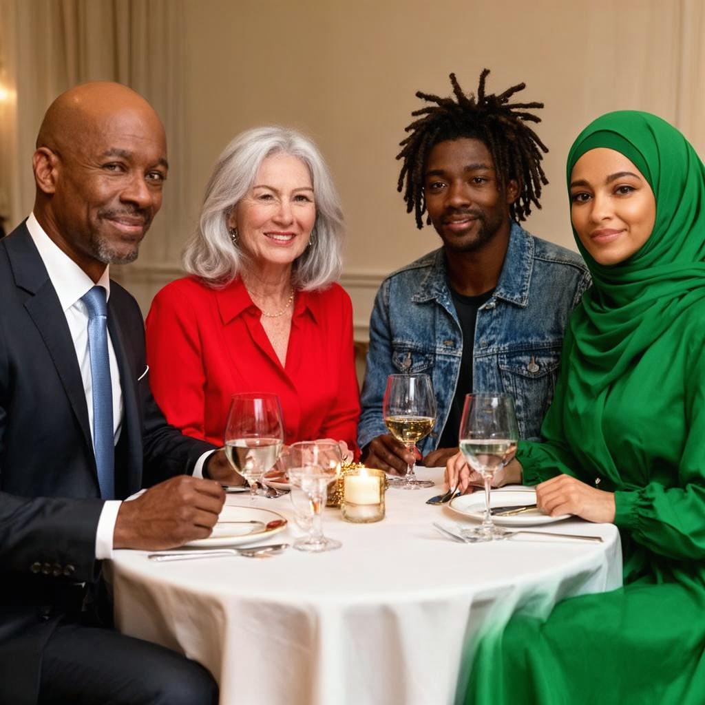 Four people at a dinner table: a bald man in a suit, a woman