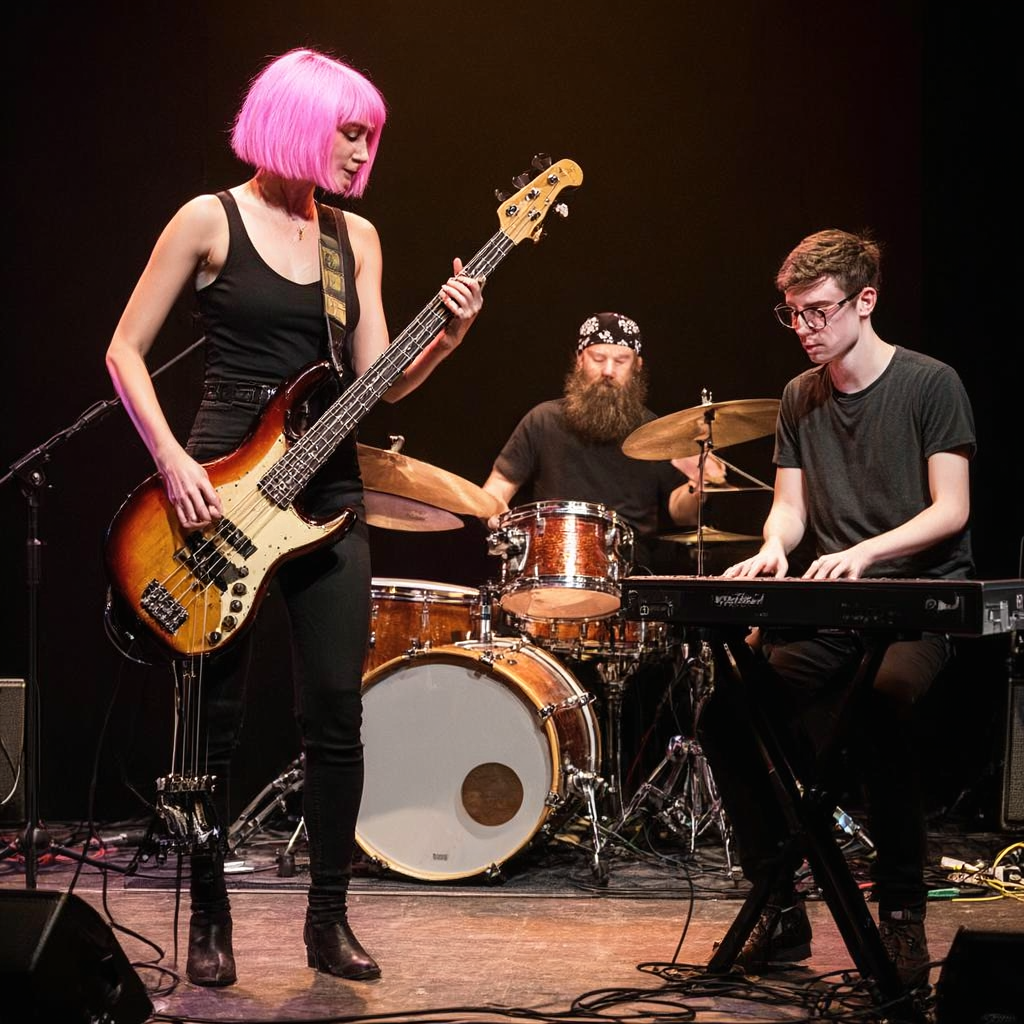 Three musicians on stage: a tall woman with short pink hair 