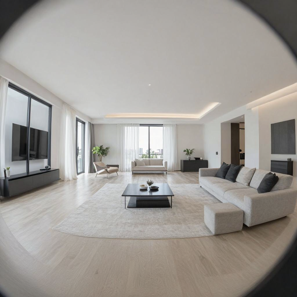 A wide-angle shot of a modern living room interior showing e