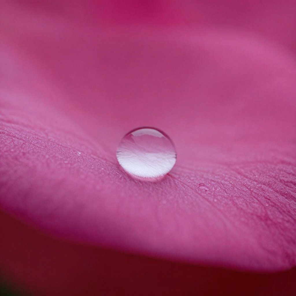 A close-up macro shot of a single dewdrop on a rose petal, s