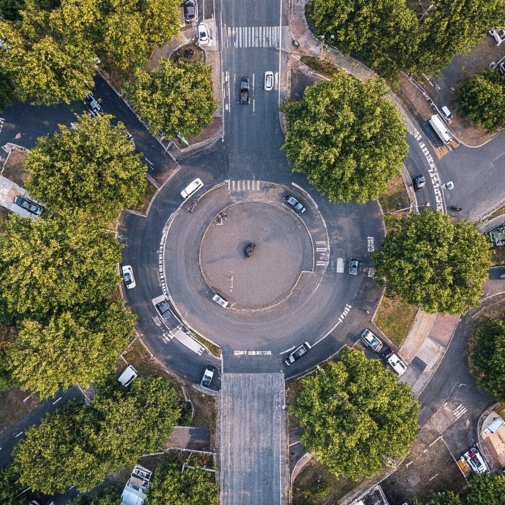 An aerial bird's-eye view looking straight down at a traffic