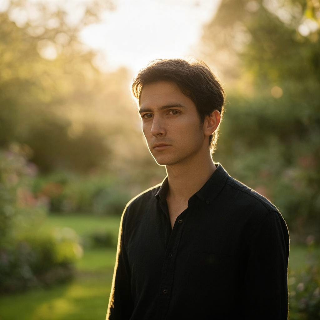 A portrait shot at 85mm f/1.4 with creamy bokeh background, 