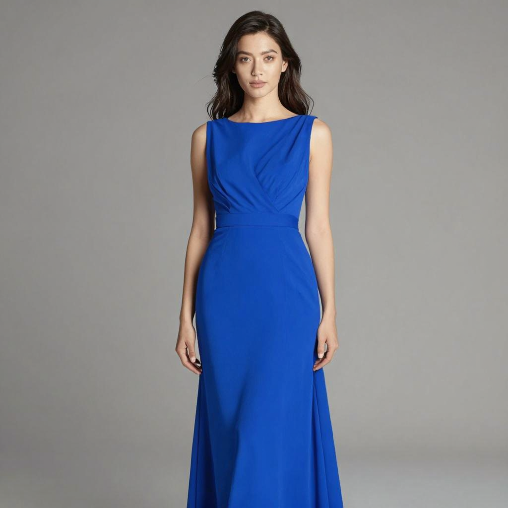 A woman wearing a royal blue evening dress against a neutral