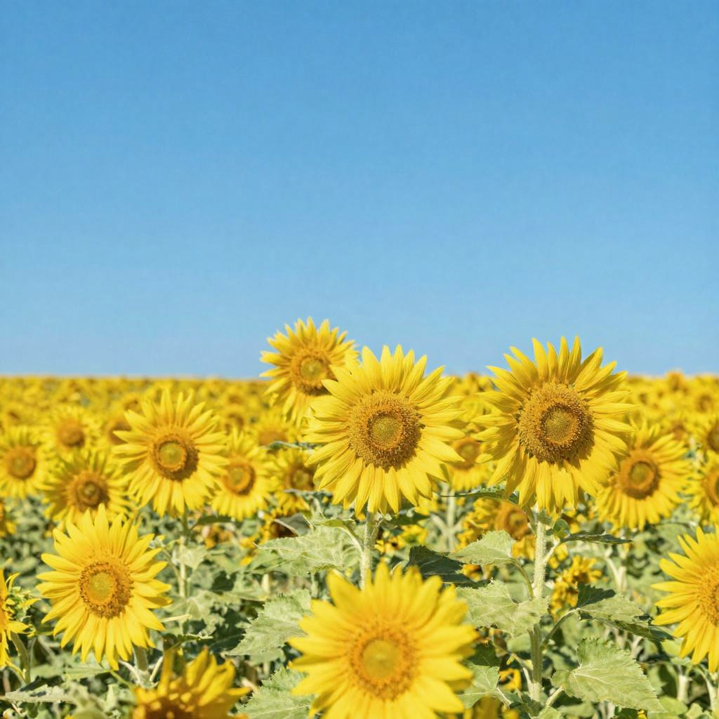 A field of pure sunflower yellow flowers under a clear blue 