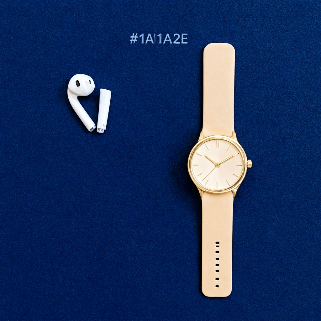A product flat-lay on a #1A1A2E (deep dark blue) background,