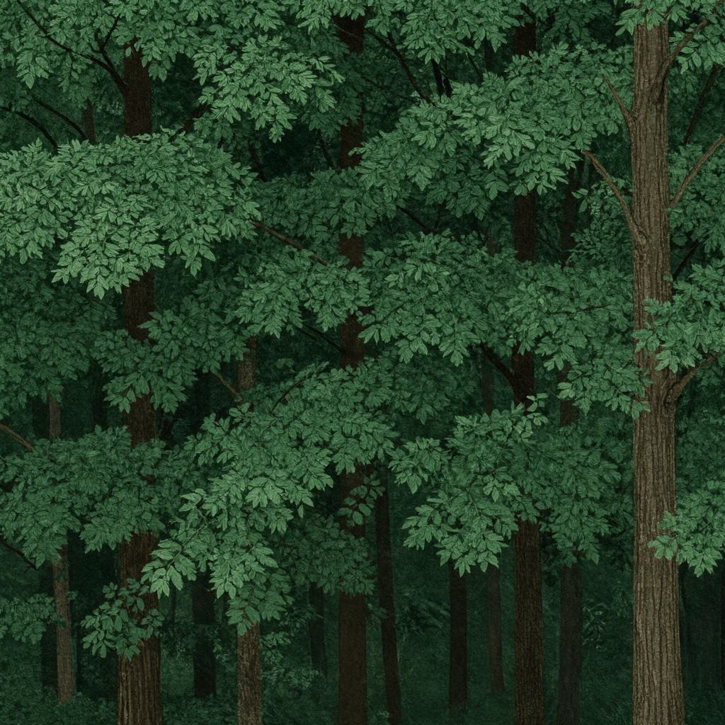 A forest scene where the foliage is precisely #2D5F2D (dark 