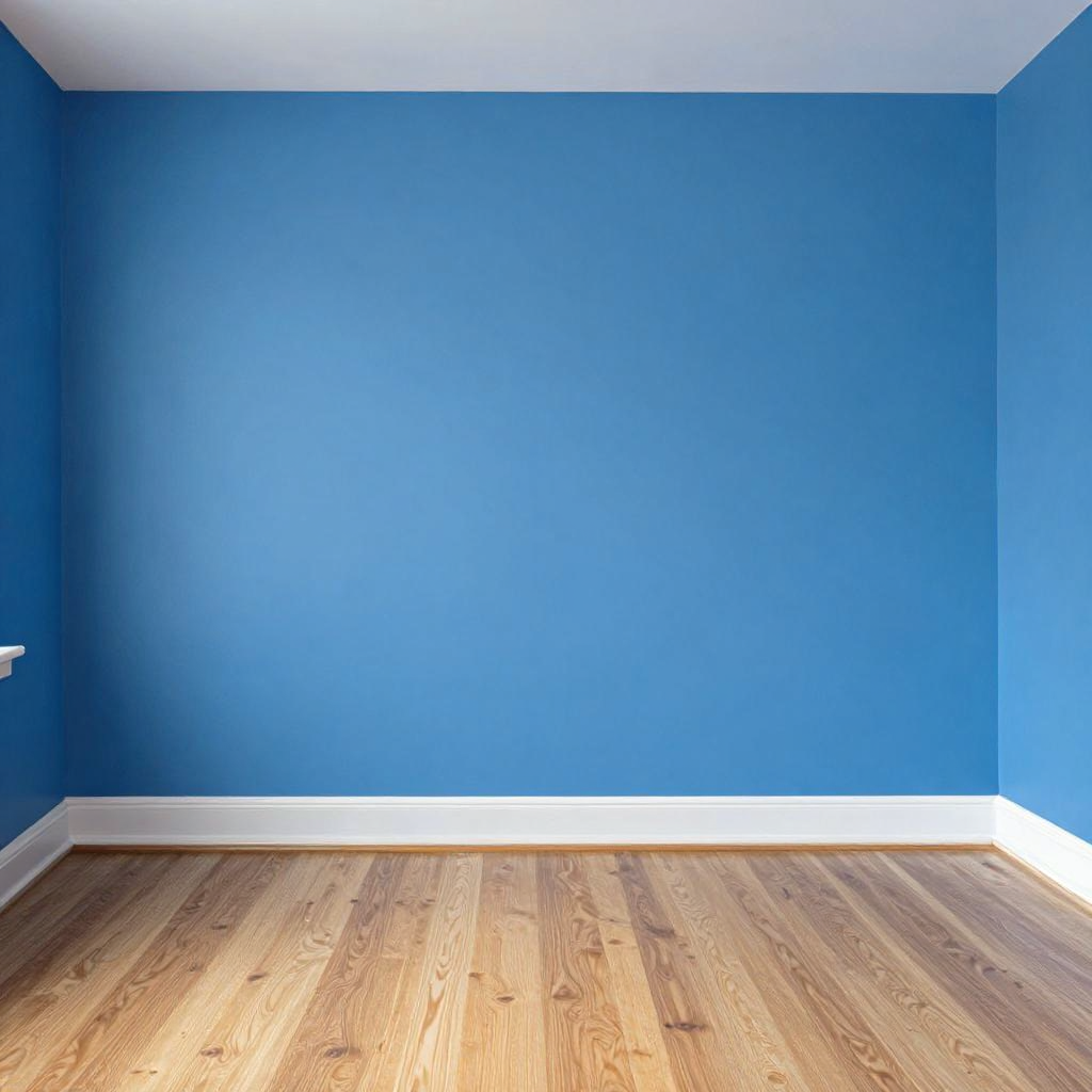 A room with walls in #4A90D9 (medium blue) with warm wooden 