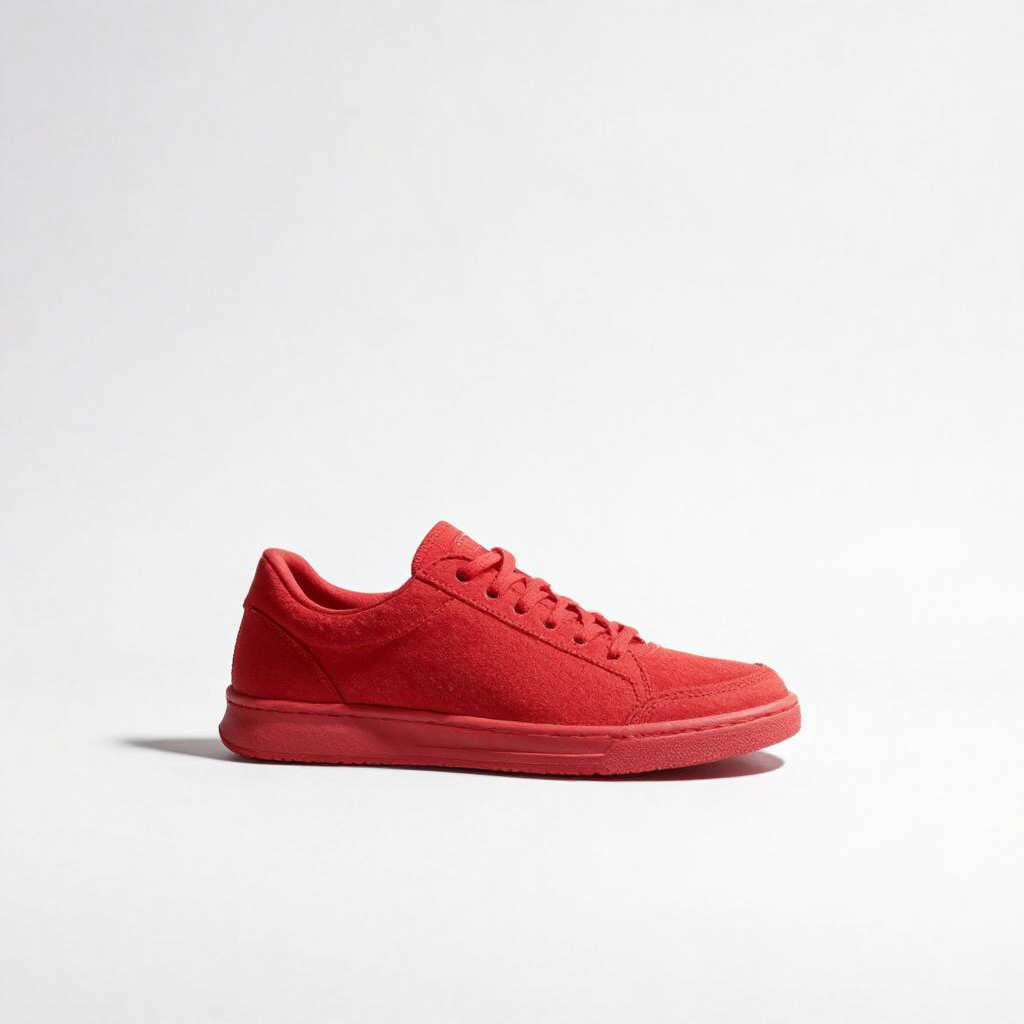 A single red sneaker on a clean white background with soft s
