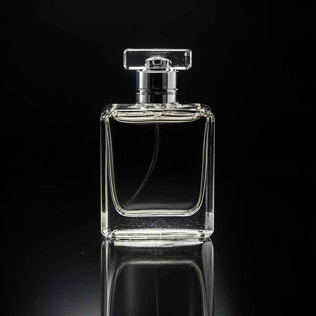 A clear glass perfume bottle on a reflective black surface w