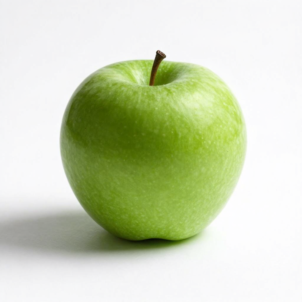 A ripe green apple on a seamless white background with soft 